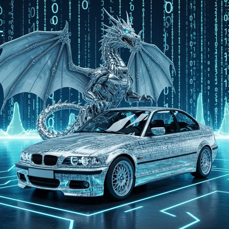 Cyberspace Guardian: Silver Cyborg Dragon & BMW 320i Cyberspace Guardian: Silver Cyborg Dragon & BMW 320i