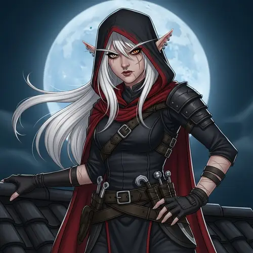 North-descended Half-Elf Rogue on Rooftop | Enigmatic & Fierce