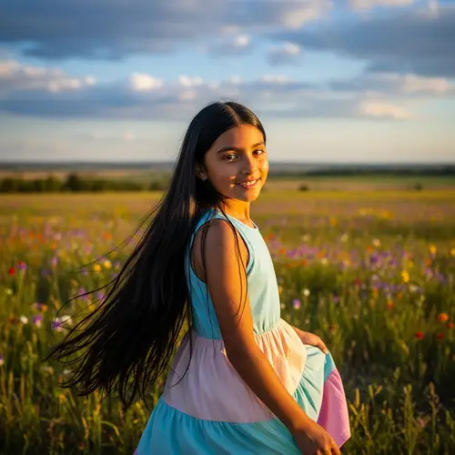Beautiful Hispanic Girl in Sunlit Field with Long Black Hair