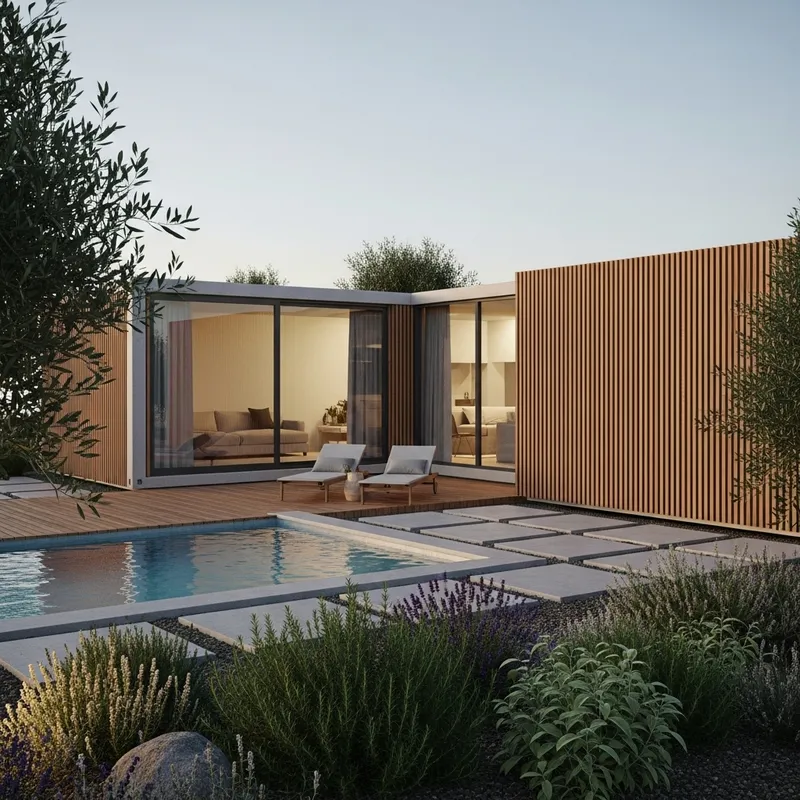 Stylish L-Shaped Minimalist House with Anthracite Windows and Wooden Slats