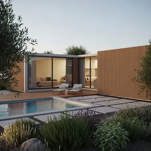 Minimalist L-Shaped House Design with Anthracite Windows and Wooden Slats