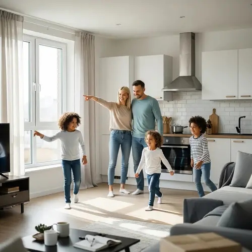 Modern Apartment Joy: White Couple & 2 Diverse Kids