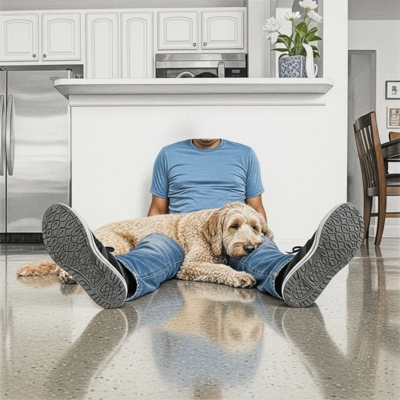 Labradoodle Relaxing Between Owner's Legs on Concrete Floor