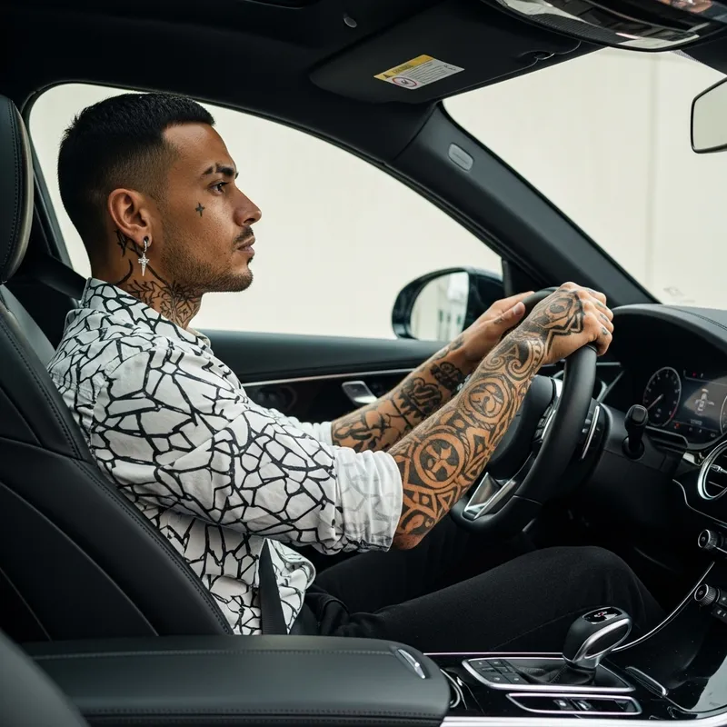 Stylish Tan Man in Car with Piercings and Tattoos