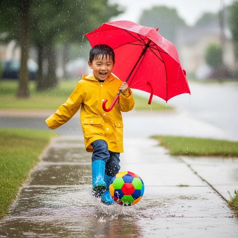 Adorable Child Playing Soccer in the Rain