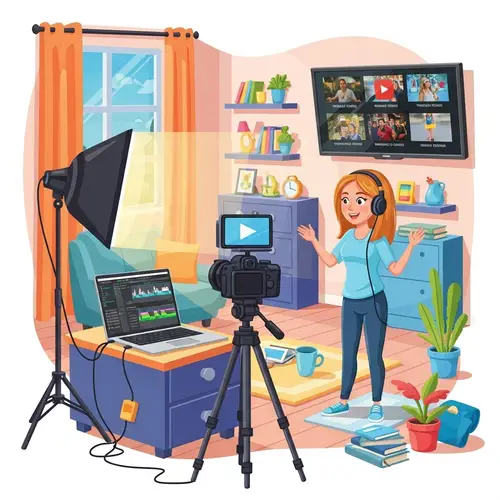 Creative Vlogging Scene: Young Female Vlogger in Vibrant Room