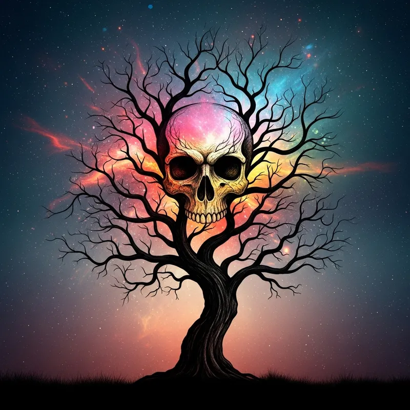 Cosmic Skull Tree: A Dance of Death and Color