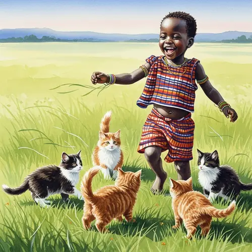 Joyful African Child Playing with Kittens in Sunny Field