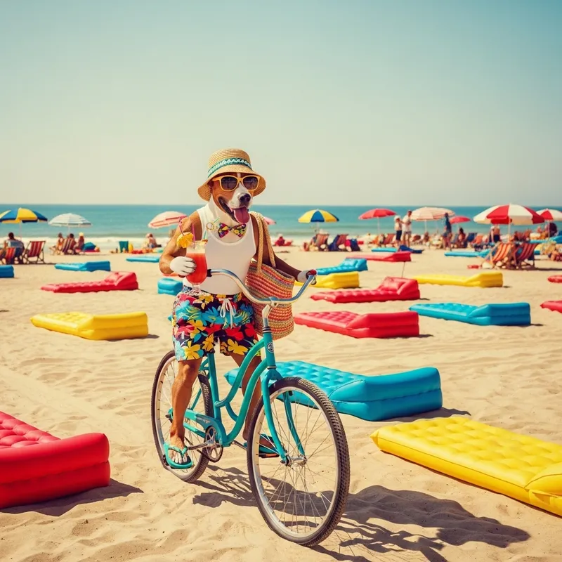 Whimsical Dog on Beach Bike Ride | Colorful Vacation Vibes
