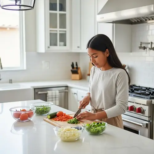 Hispanic Female Chopping Vegetables in Modern Kitchen