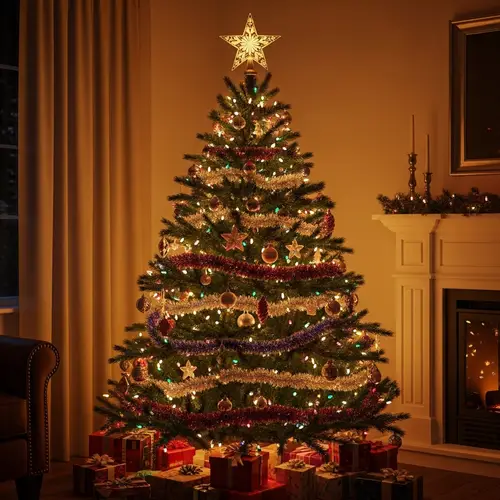 Glistening Christmas Tree with Colorful Ornaments and Presents