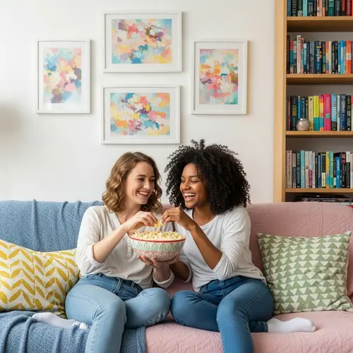 Light-Hearted Scene: Girls Laughing on Pastel Couch
