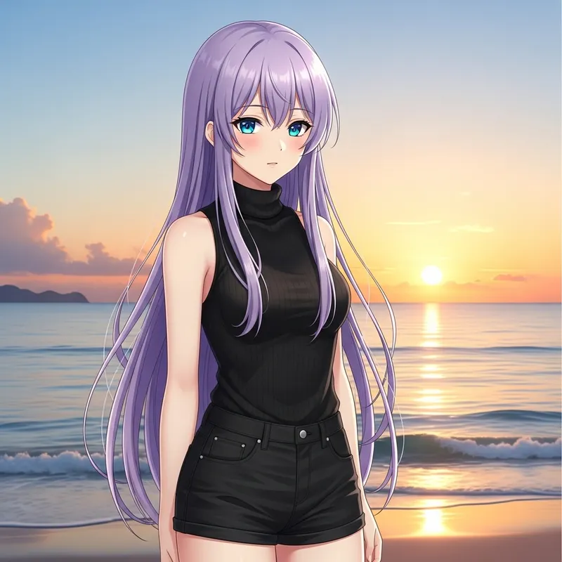 Asian Anime-Style Character with Lavender Hair at Beach Sunrise
