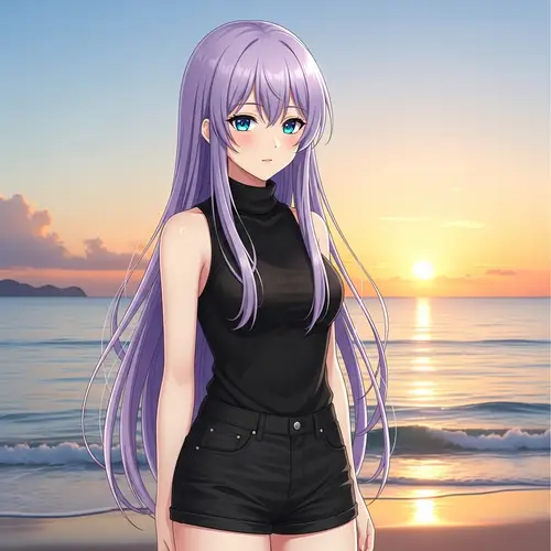 Anime-Style Female Character with Lavender Hair | Beach Sunrise