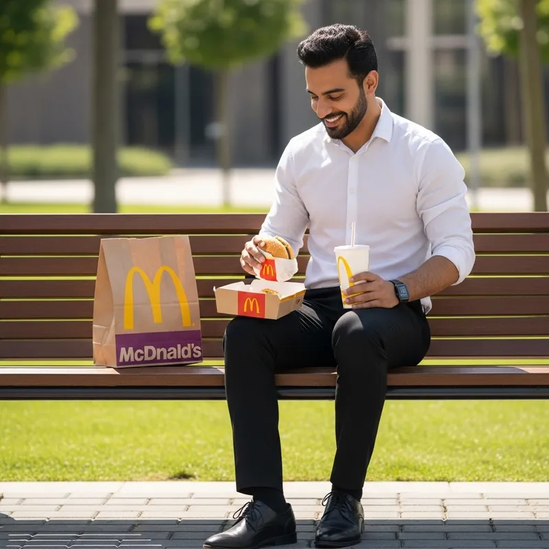 Man Enjoying McDonald's Meal Outdoors