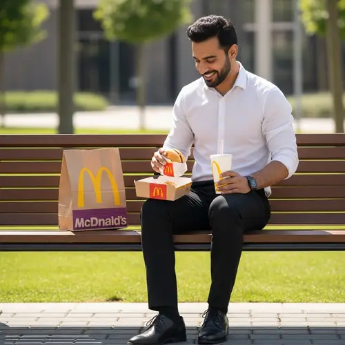 Casual Businessman Enjoying Fast Food on Park Bench
