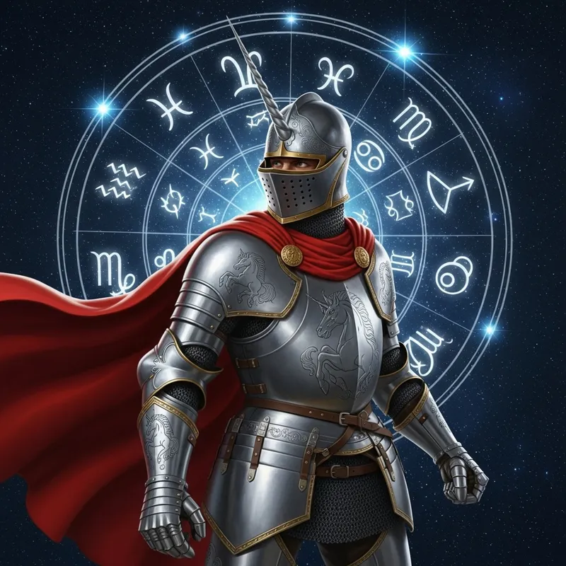 Medieval Knight with Unicorn and Zodiac Constellations Medieval Knight with Unicorn and Zodiac Constellations
