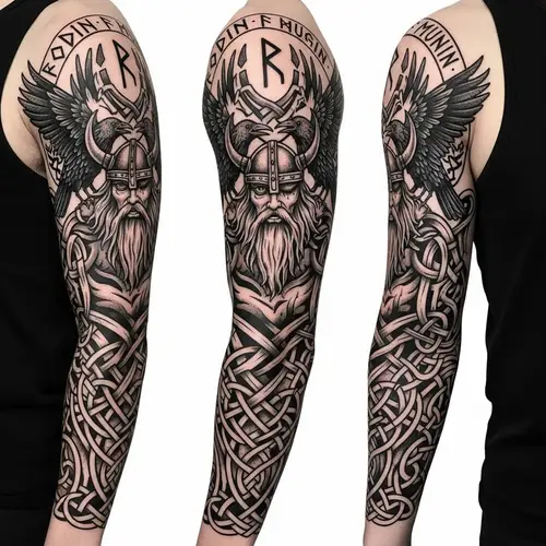 Scandinavian Style Odin Tattoo with Ravens, Runes & Ornamental Sleeve Designs
