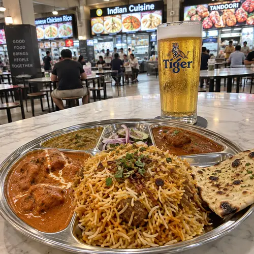 Stainless Steel Thali with Indian Curries & Beer