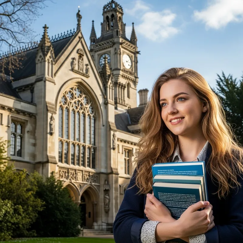 Girl with Blue Eyes and Light Long Hair Smiling, Holding 3 Books | University Background