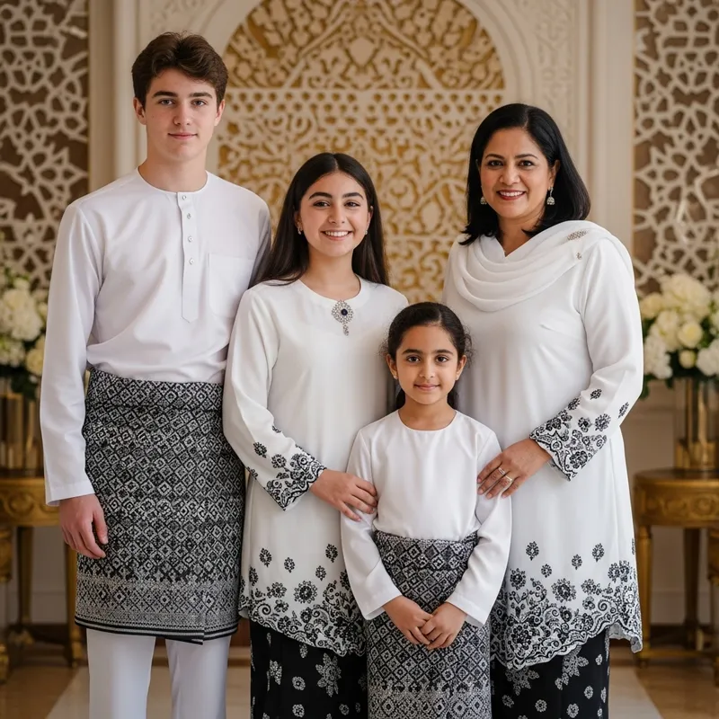 Elegant Multicultural Family in White & Black Baju Raya | Joyful Gathering