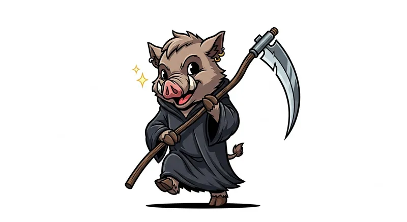 Whimsical Humanoid Boar Walking with Death Scythe in Hand