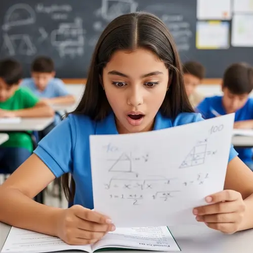 Young Hispanic Girl Surprised by Perfect Math Test Score