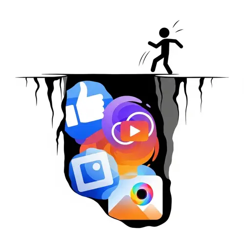 Stick Man Falling into Deep Hole with Social Media Icons