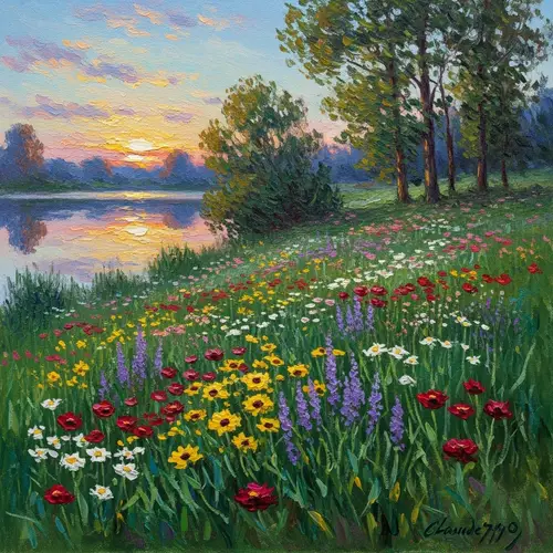 Impressionist Nature Scene: Meadow, Lake, Trees - Oil Painting