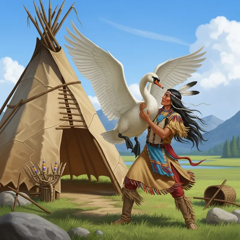 Native American Woman Defiantly Battles Giant Swan in Intense Scene