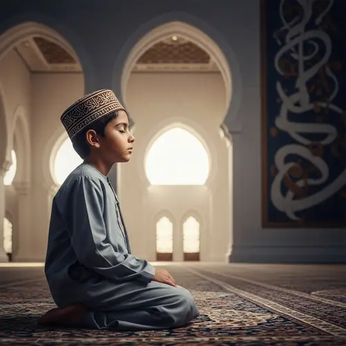 Young Middle-Eastern Boy in Traditional Hat Contemplating in Mosque