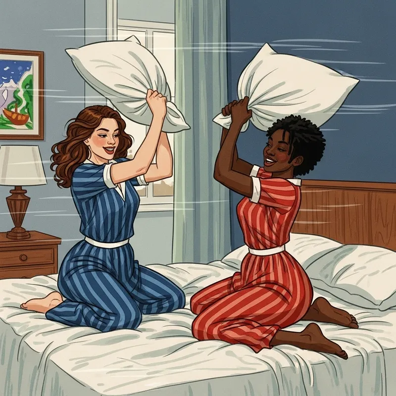Vibrant Pillow Fight: Dynamic Pose of Two Women | Pop Art Vibrant Pillow Fight: Dynamic Pose of Two Women | Pop Art