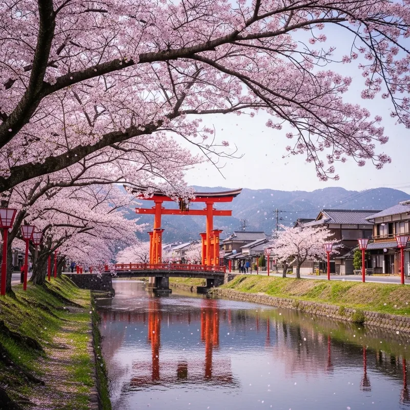 Serene Cherry Blossoms in Traditional Japanese Landscape