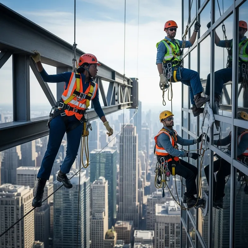 Superheroes in Safety Harness: Up Above Urban Landscape