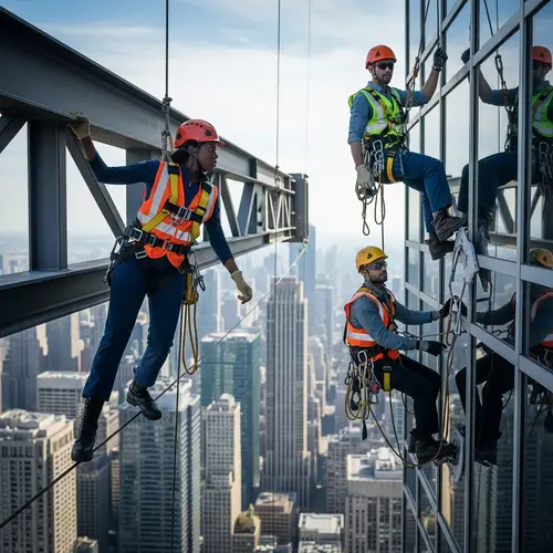 Superheroes in Safety Harness: Action High Above Cityscape