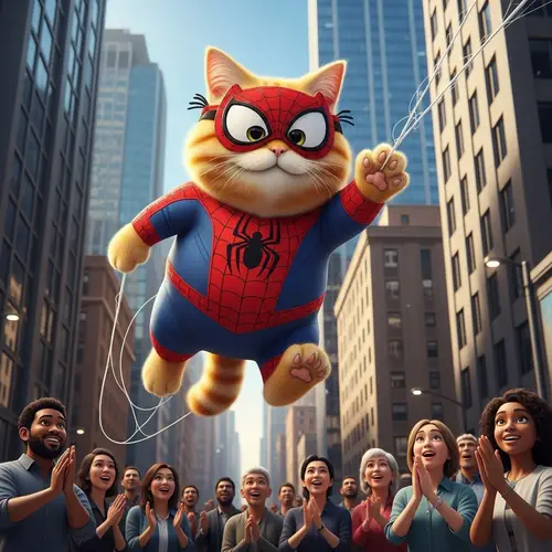 Realistic Spider-Cat Swinging Among Tall Buildings