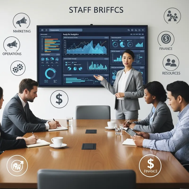 Staff Briefing Illustration - Office Meeting Visual with Diverse Team Icons Staff Briefing Illustration - Office Meeting Visual with Diverse Team Icons