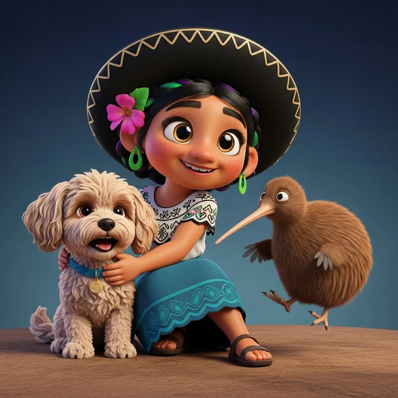 Mexican Girl in Pixar Style with Maltipoo Dog and Kiwibird