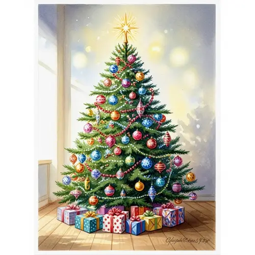 Vibrant Christmas Tree Watercolor Postcard | 19th Century Style
