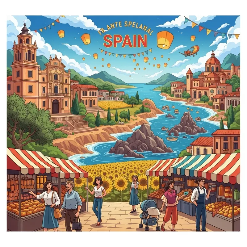 Vibrant & Colorful Illustration of Spain | Diverse Culture & Landscape Vibrant & Colorful Illustration of Spain | Diverse Culture & Landscape
