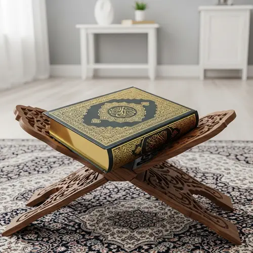 Beautifully Decorated Quran on Wooden Stand | Serenity & Reverence