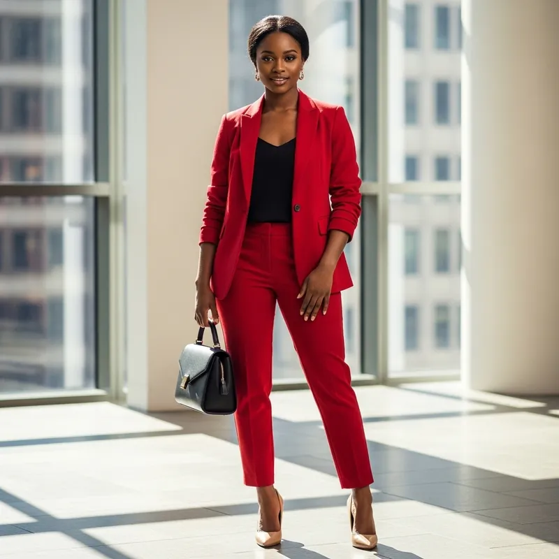 Elegant Black Woman in Red Suit and Beige Heels | Clear 4K Photo Elegant Black Woman in Red Suit and Beige Heels | Clear 4K Photo