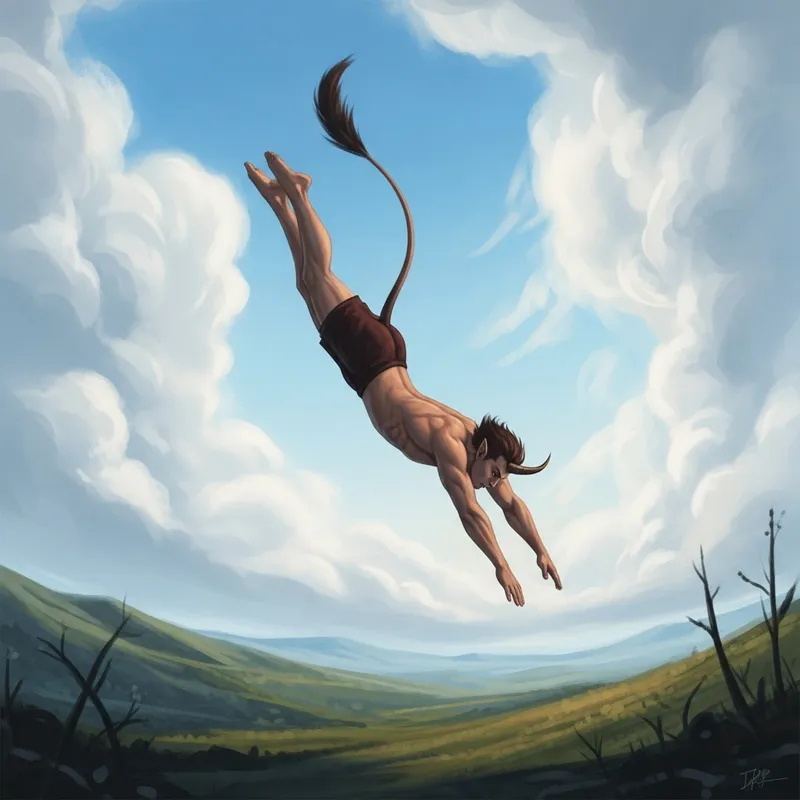 Enigmatic Sky Diver with Tail and Horn Plunging to Earth