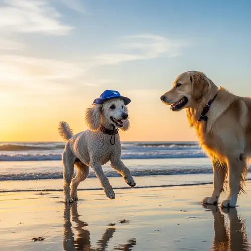 Poodle Dog with Blue Hat Running at Seashore