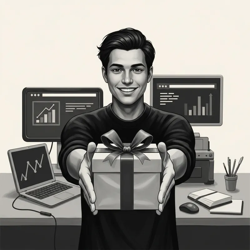 Vintage Web Programmer Giving Gift | Chiaroscuro Digital Painting