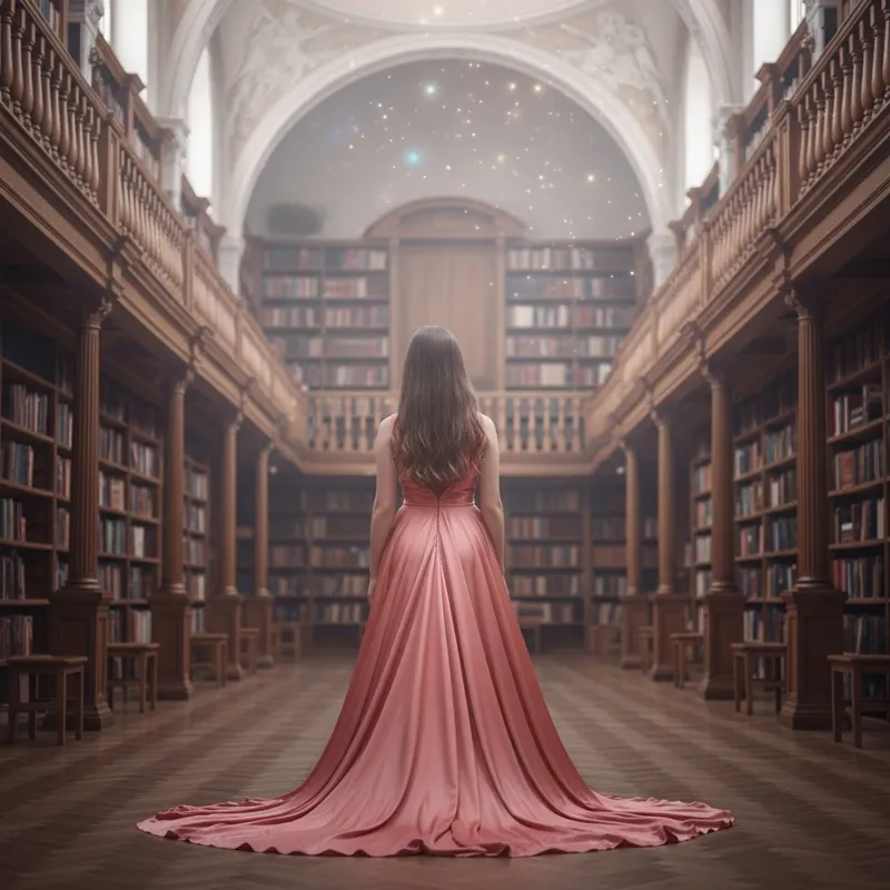 Enchanting Young Girl in Salmon Pink Gown in Ethereal Library