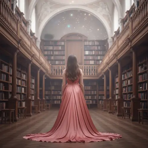 Enchanting Young Girl in Salmon Pink Gown in Ethereal Library