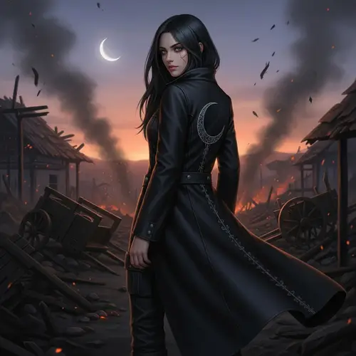 Kagami - Beautiful Young Woman with Black Hair and Crescent Moon Coat