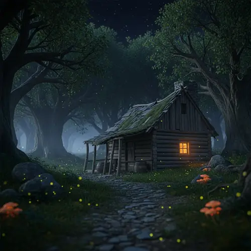 Fantasy Dark Forest Scene with Dilapidated Cabin | Magic Atmosphere