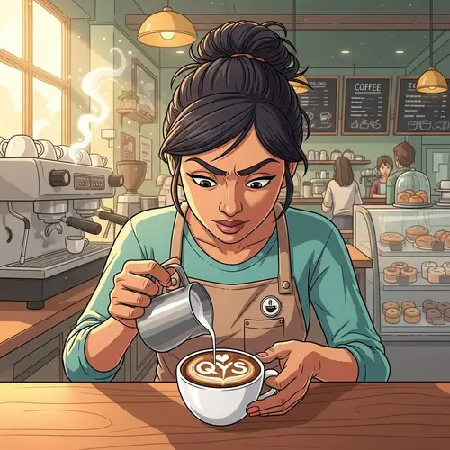 South Asian Female Barista Creating 'QYS' Latte Art